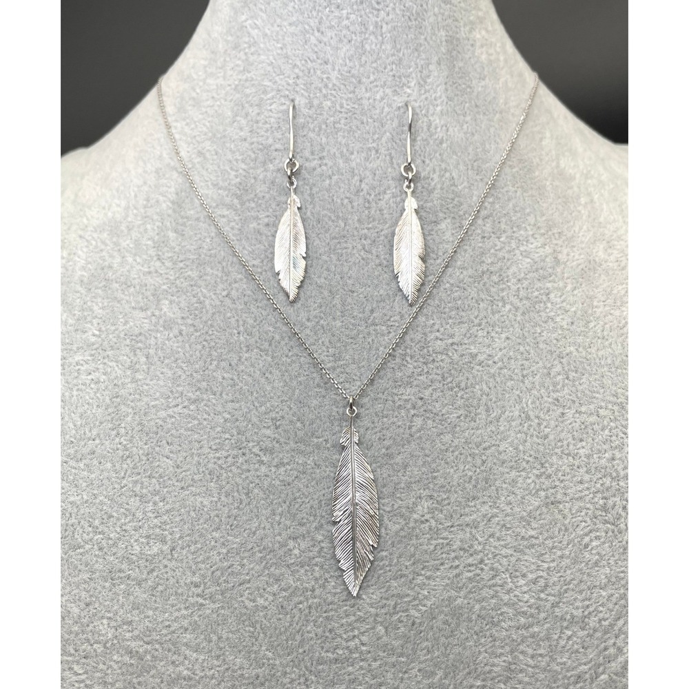 925 Italy Sterling Silver Feather Detailed Necklace Earrings Jewelry Set 6g